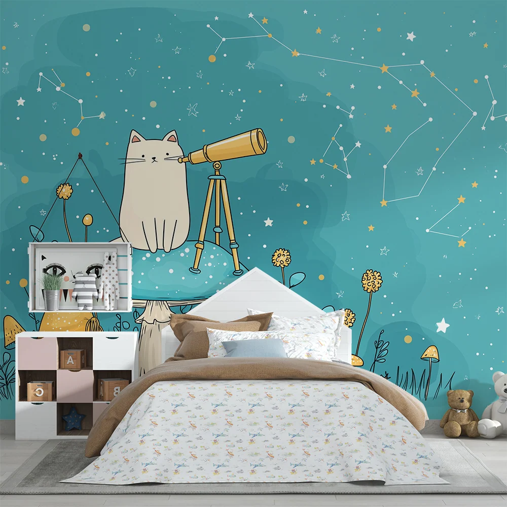 Papel de parede crianç | Gato curioso observando as estrelas com um telescópio