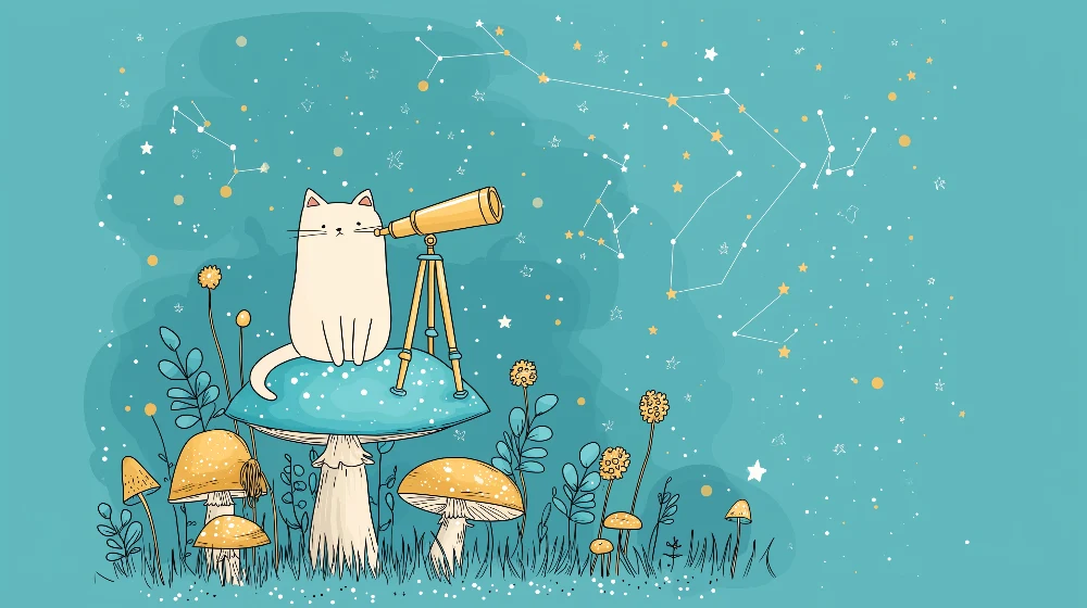 Papel de parede crianç | Gato curioso observando as estrelas com um telescópio