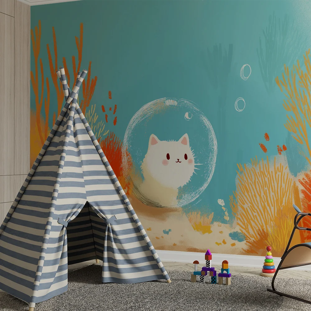 Papel de parede crianç | Gato submarino explorando um mundo colorido