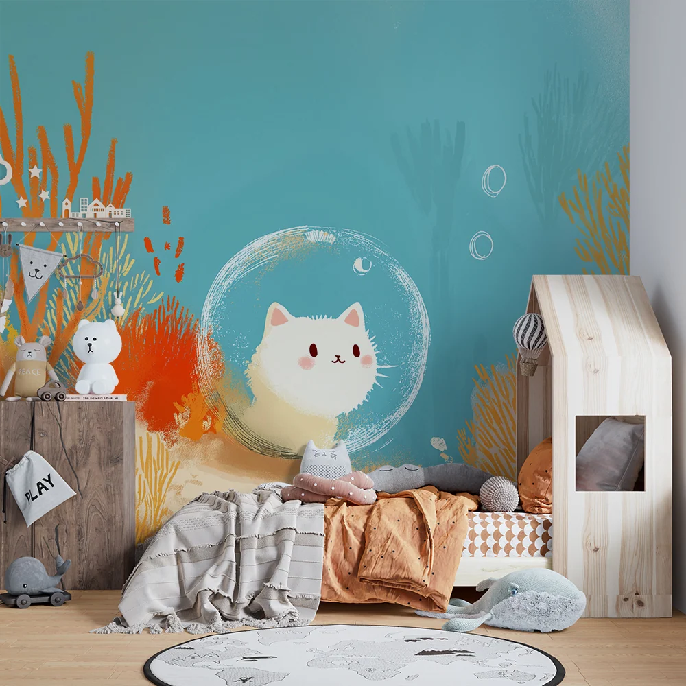 Papel de parede crianç | Gato submarino explorando um mundo colorido