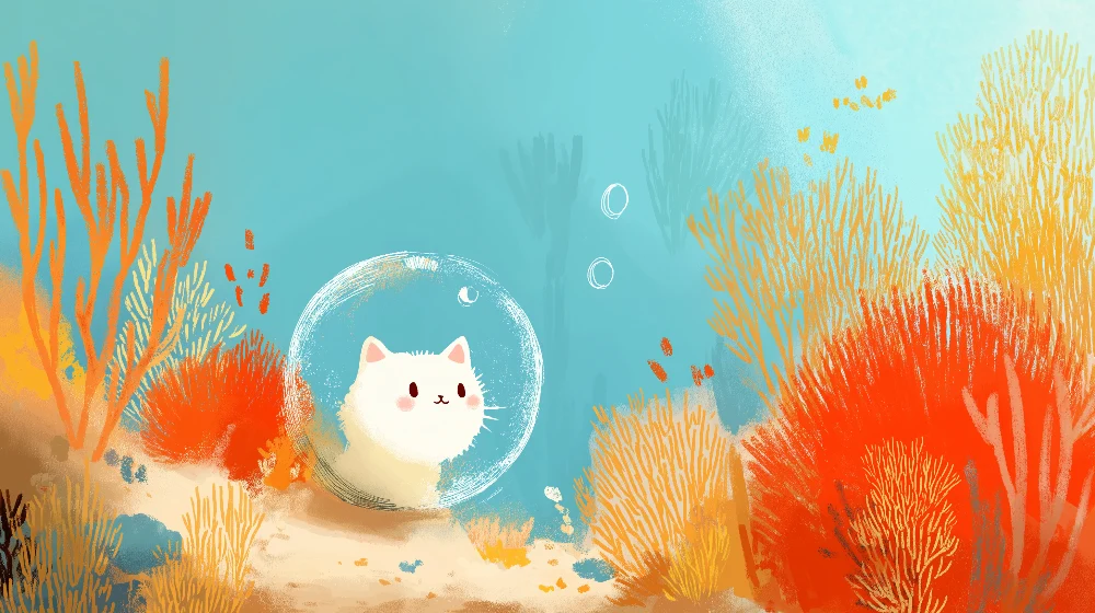 Papel de parede crianç | Gato submarino explorando um mundo colorido