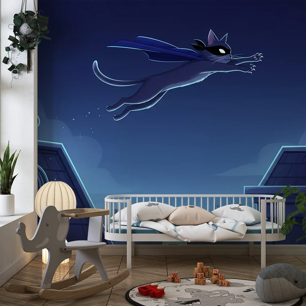 Papel de parede crianç | Gato super-herói voando sob um céu estrelado