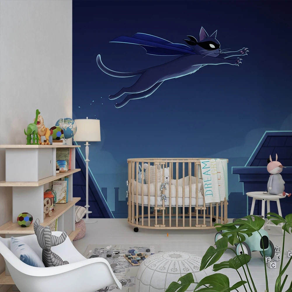 Papel de parede crianç | Gato super-herói voando sob um céu estrelado