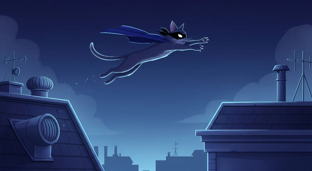 Papel de parede crianç | Gato super-herói voando sob um céu estrelado