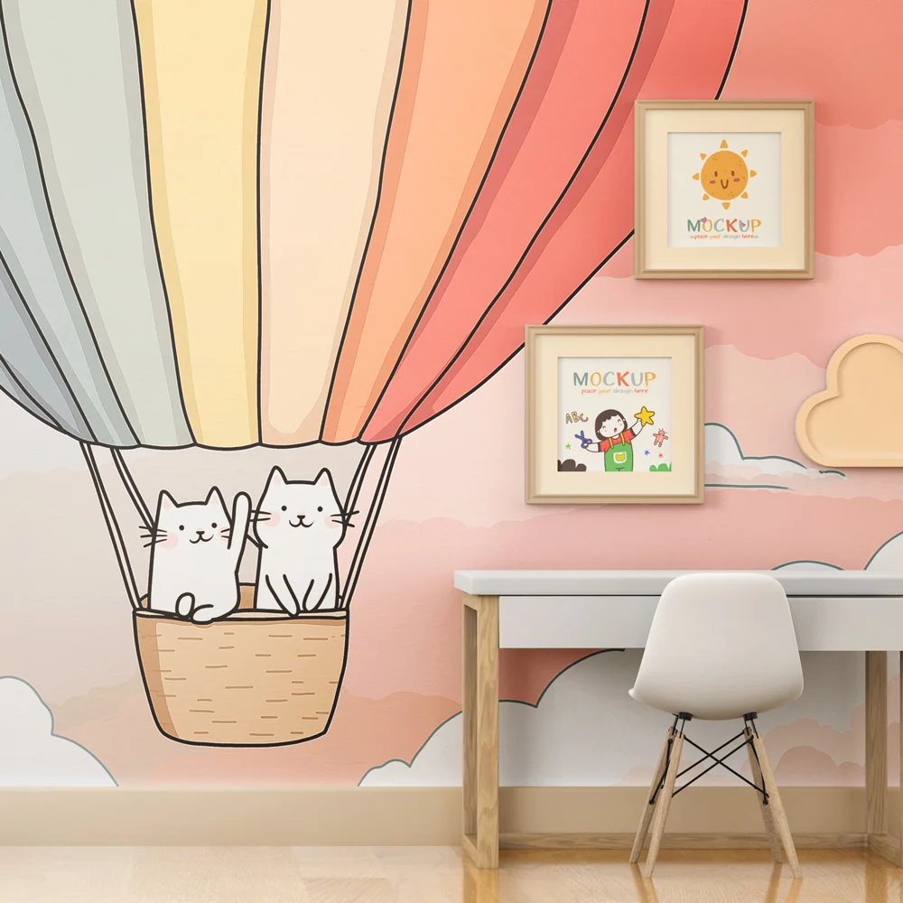 Papel de parede crianç | Gatos em balão de ar quente