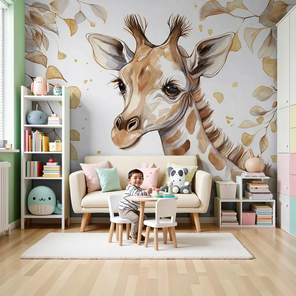 Papel de parede crianç | Girafa adorável e folhagem elegante