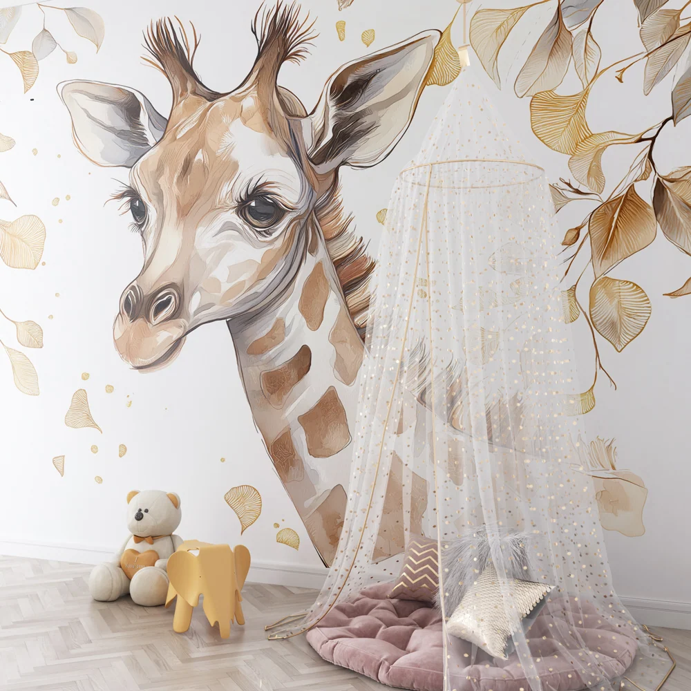 Papel de parede crianç | Girafa adorável e folhagem elegante