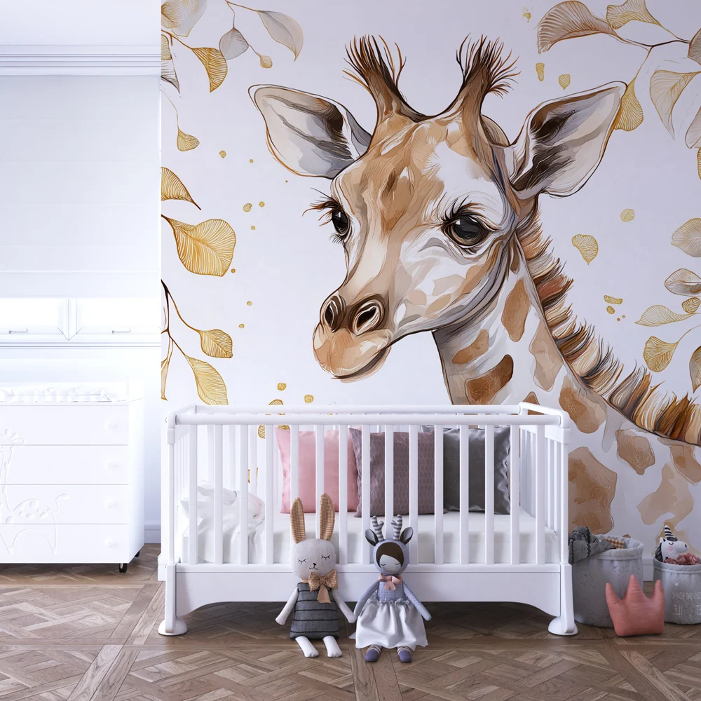Papel de parede crianç | Girafa adorável e folhagem elegante