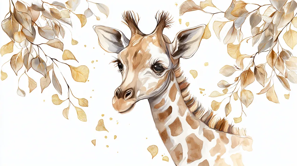 Papel de parede crianç | Girafa adorável e folhagem elegante
