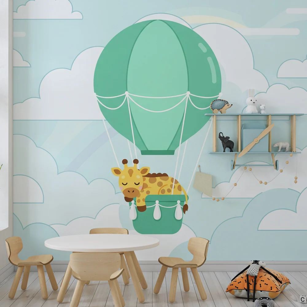 Papel de parede crianç | Girafa em um balão de ar quente