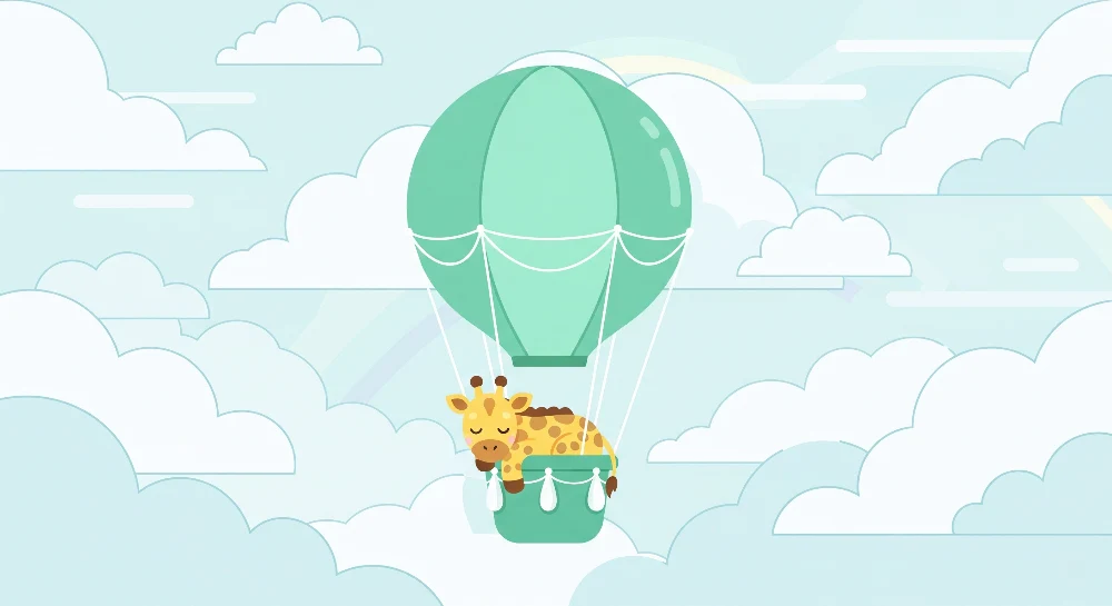 Papel de parede crianç | Girafa em um balão de ar quente