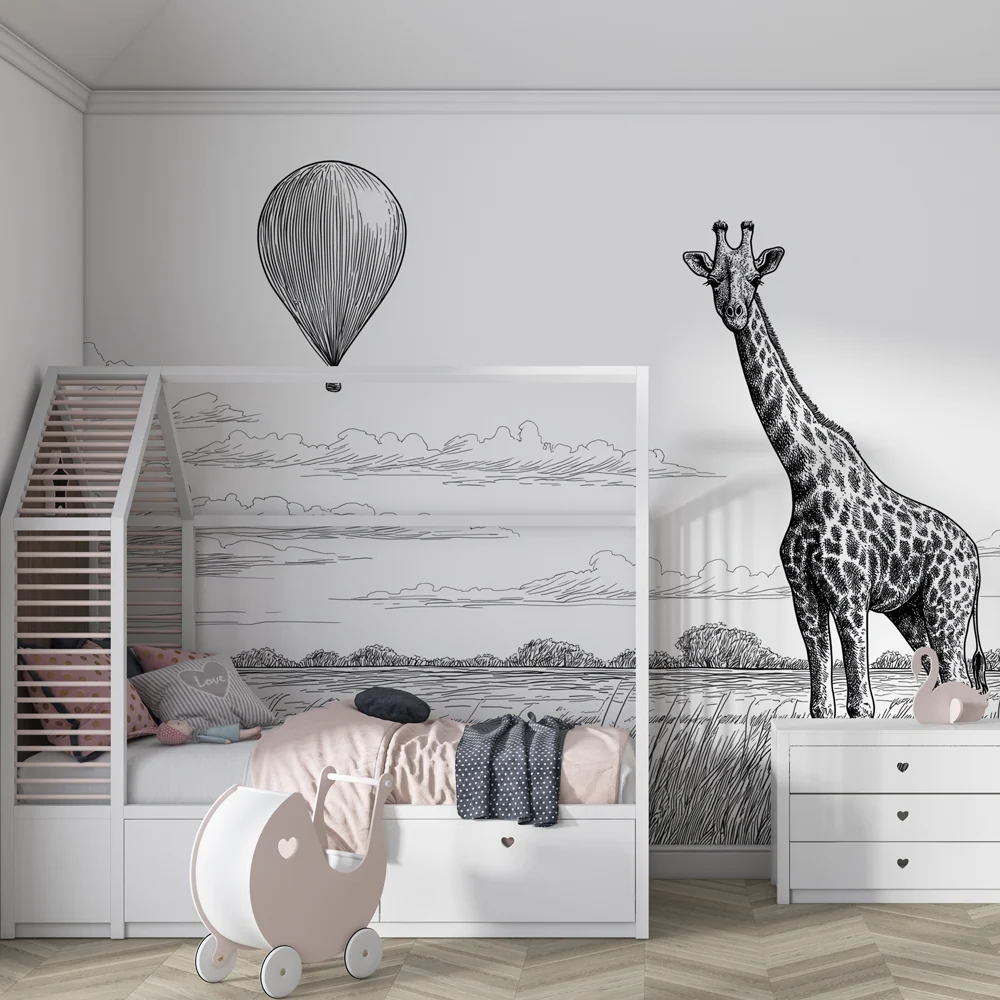 Papel de parede crianç | Girafa e balão de ar quente na savana