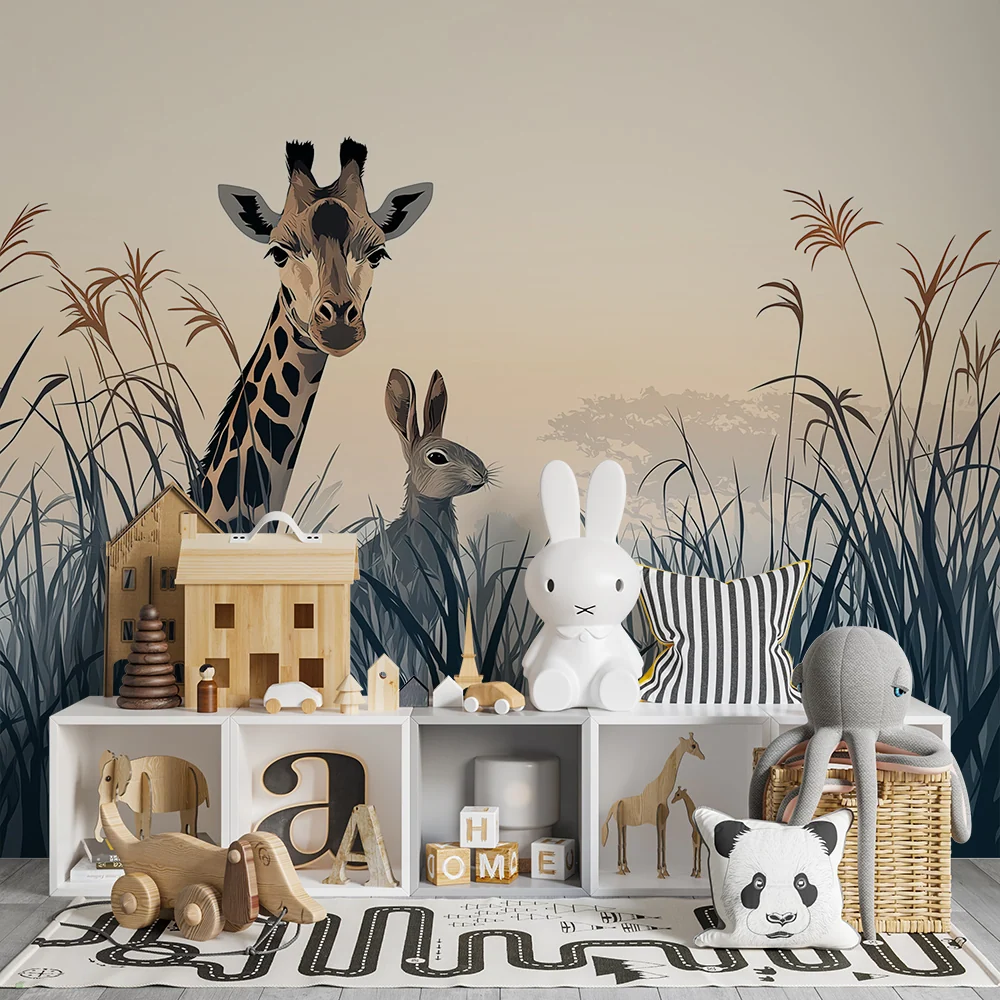 Papel de parede crianç | Girafa e coelho na savana