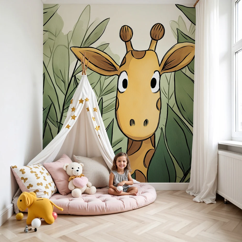 Papel de parede crianç | Girafa curiosa entre as folhagens