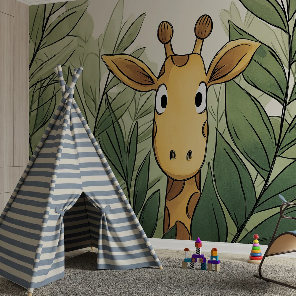Papel de parede crianç | Girafa curiosa entre as folhagens