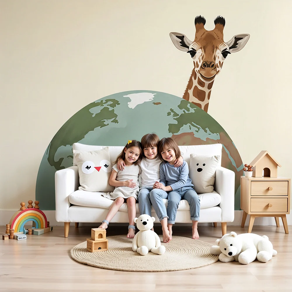 Papel de parede crianç | Girafa curiosa e globo terrestre colorido
