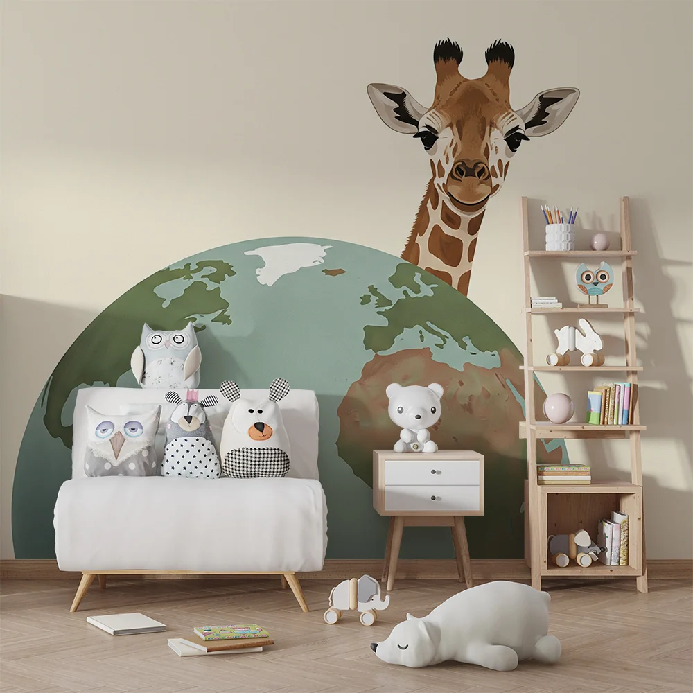 Papel de parede crianç | Girafa curiosa e globo terrestre colorido