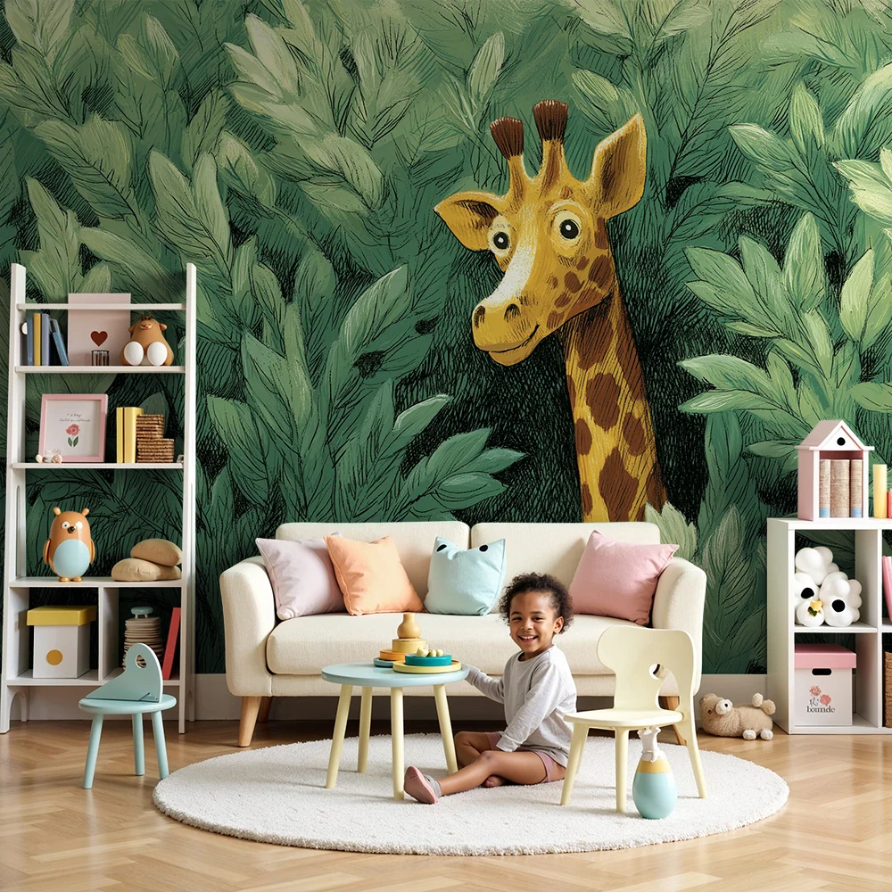 Papel de parede crianç | Girafa curiosa no meio de folhagens luxuriantes