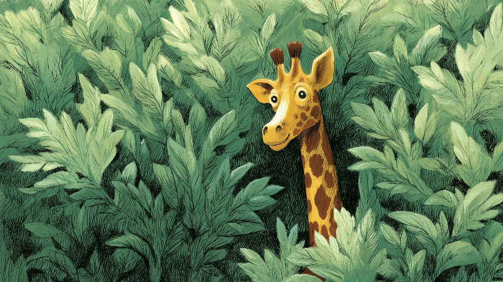 Papel de parede crianç | Girafa curiosa no meio de folhagens luxuriantes