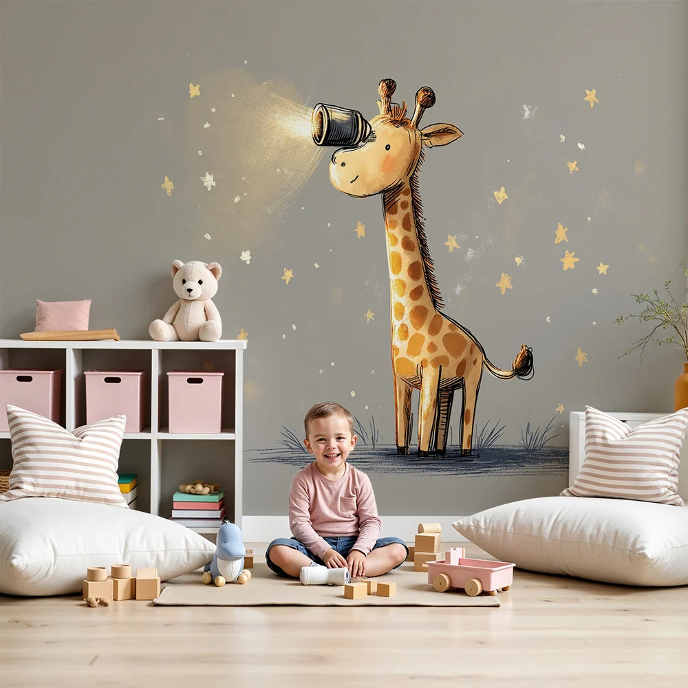 Papel de parede crianç | Girafa curiosa sob um céu estrelado