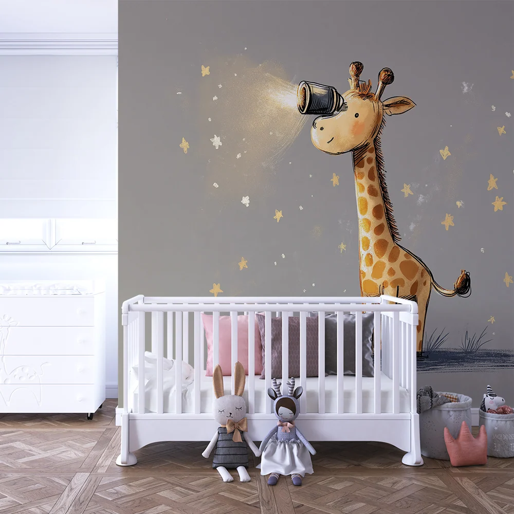 Papel de parede crianç | Girafa curiosa sob um céu estrelado