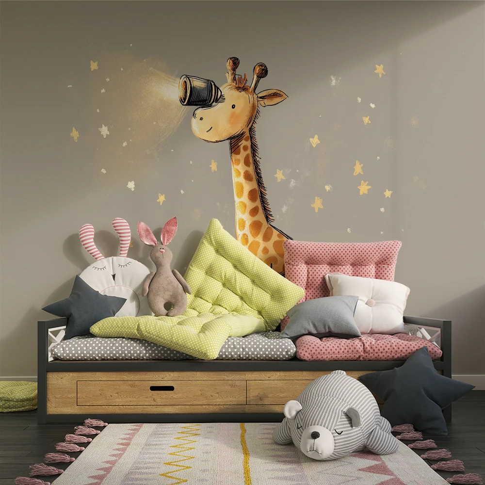 Papel de parede crianç | Girafa curiosa sob um céu estrelado