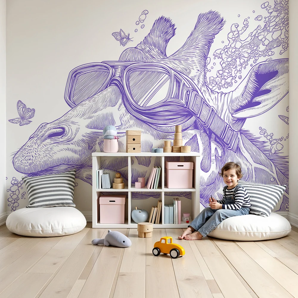 Papel de parede crianç | Girafa divertida com óculos e balões