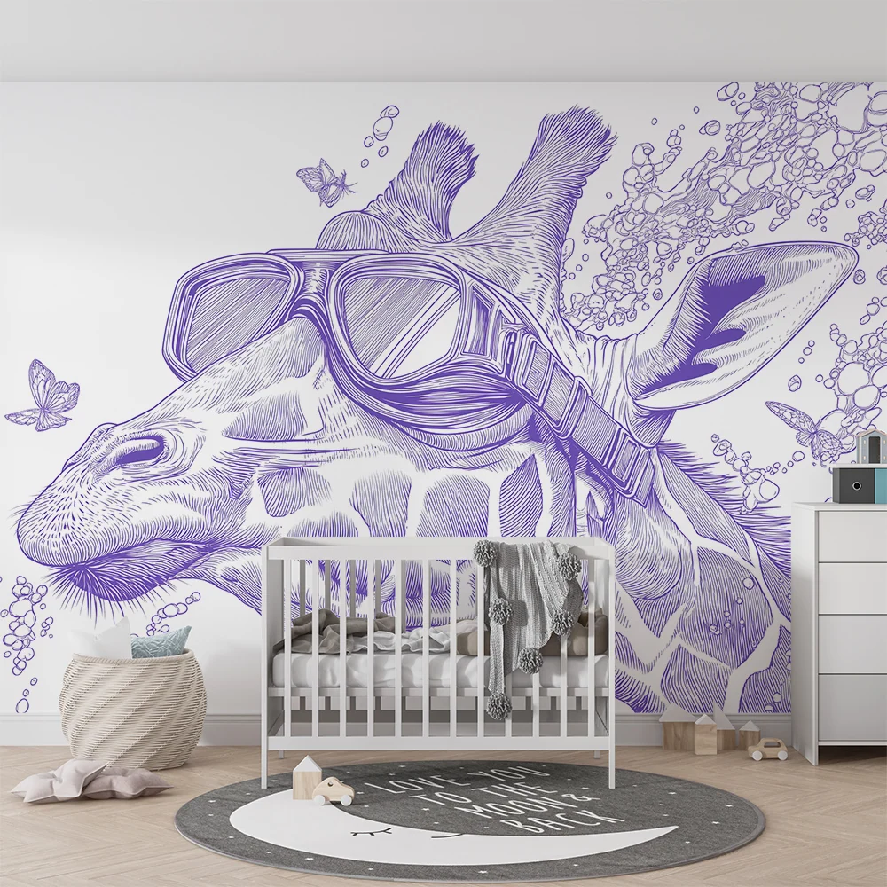 Papel de parede crianç | Girafa divertida com óculos e balões
