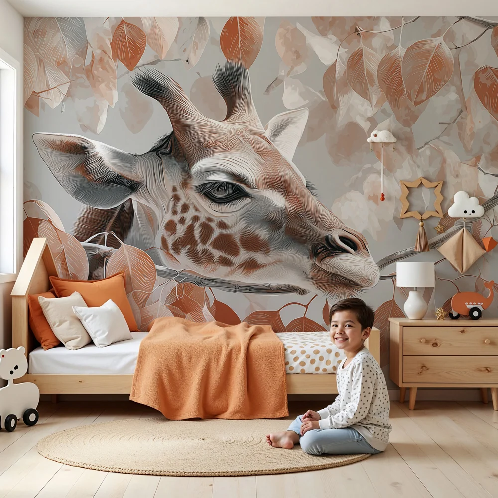 Papel de parede crianç | Girafa elegante no meio das folhas