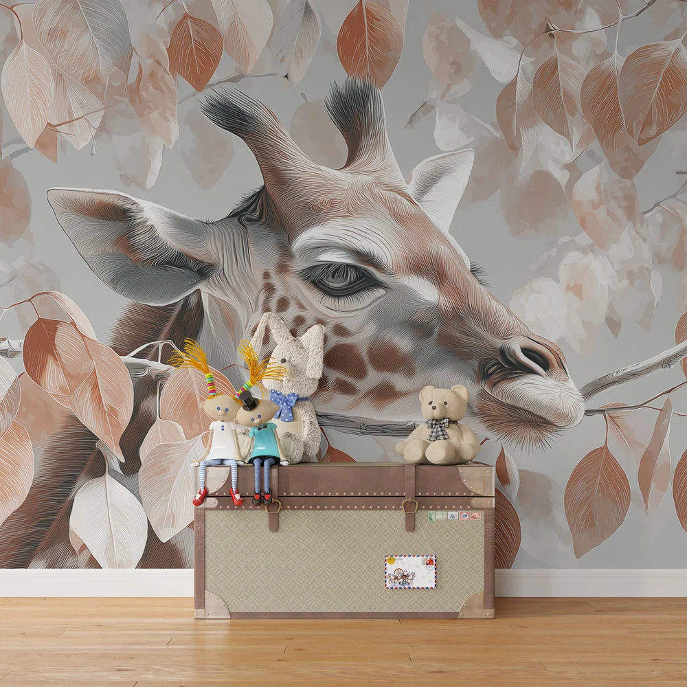 Papel de parede crianç | Girafa elegante no meio das folhas