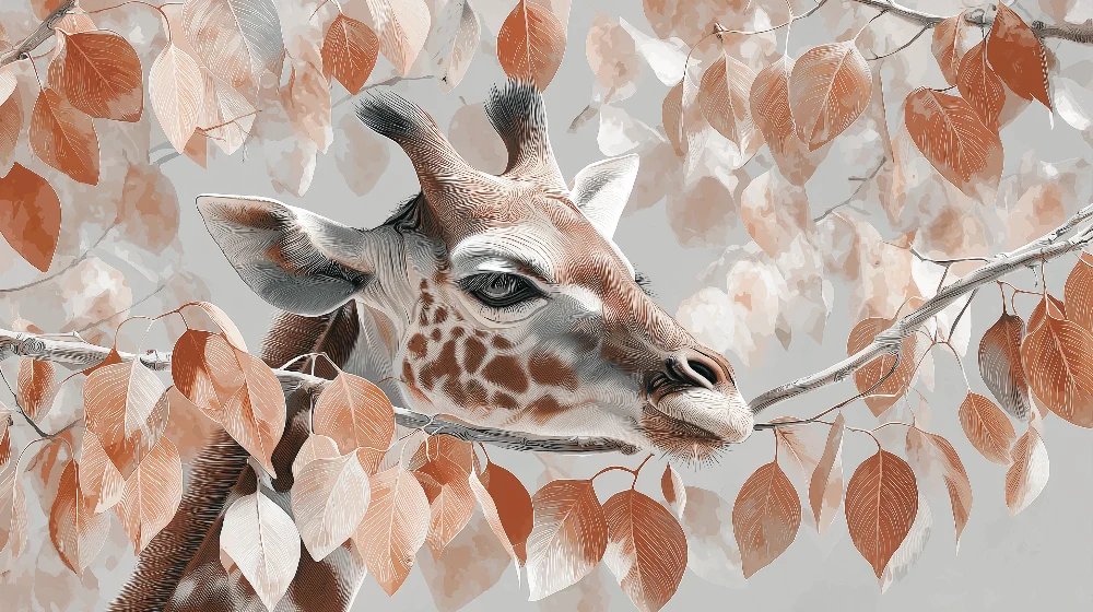 Papel de parede crianç | Girafa elegante no meio das folhas