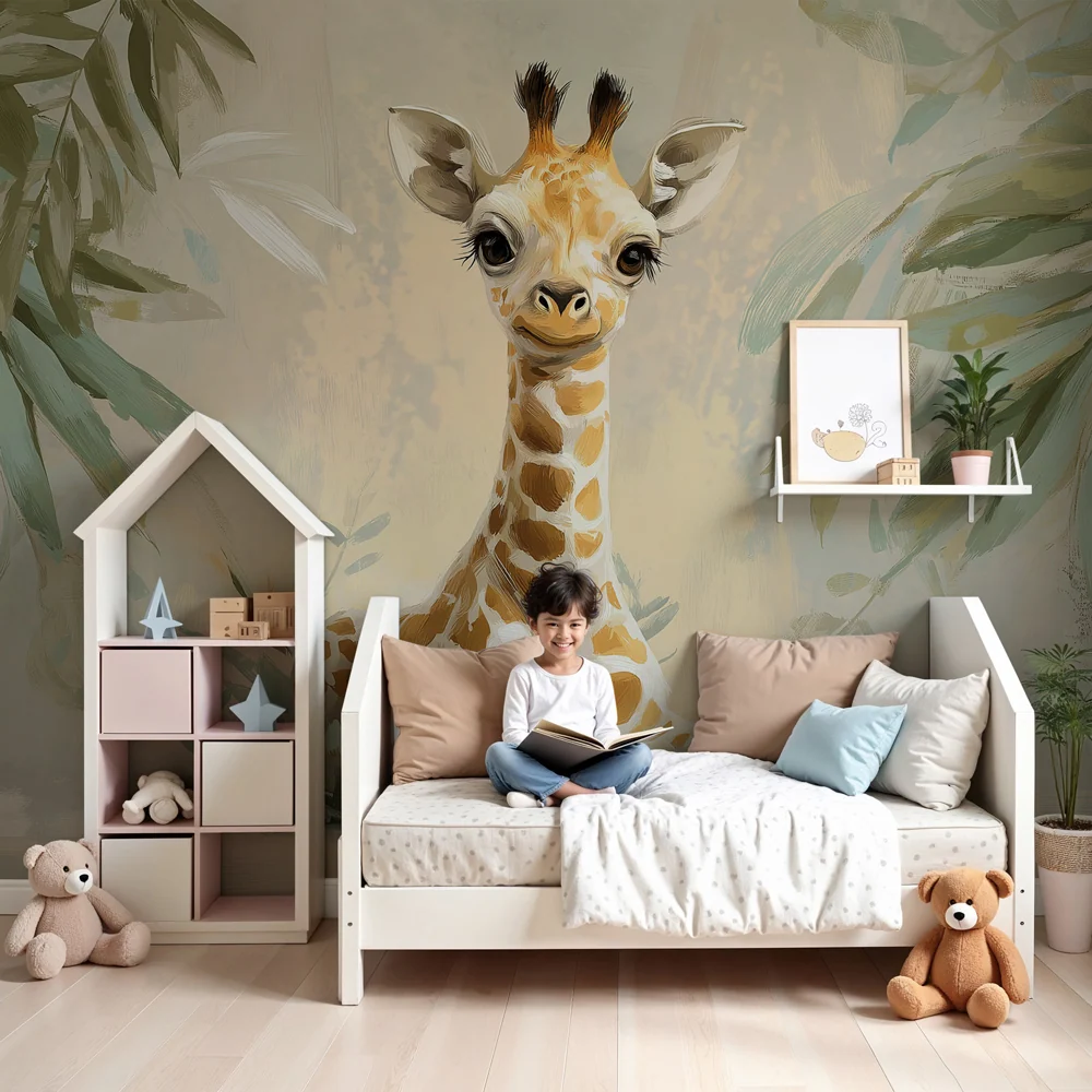 Papel de parede crianç | Girafa fofa no meio da natureza