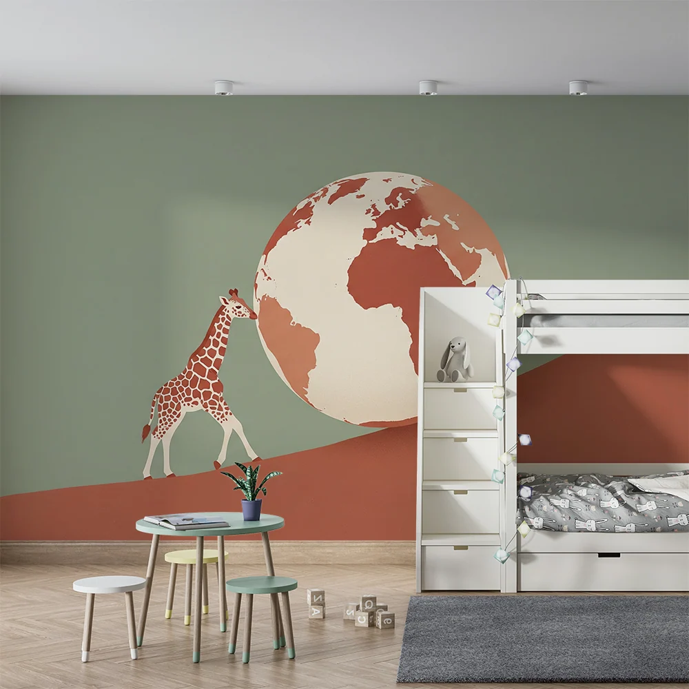 Papel de parede crianç | Girafa e globo terrestre em fundo suave