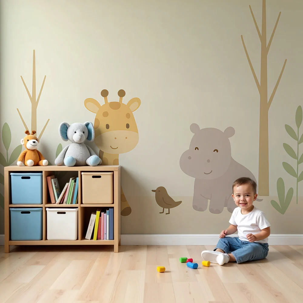 Papel de parede crianç | Girafa e hipopótamo fofinhos