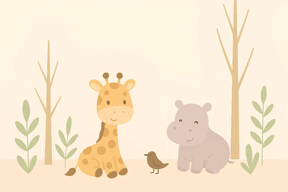 Papel de parede crianç | Girafa e hipopótamo fofinhos