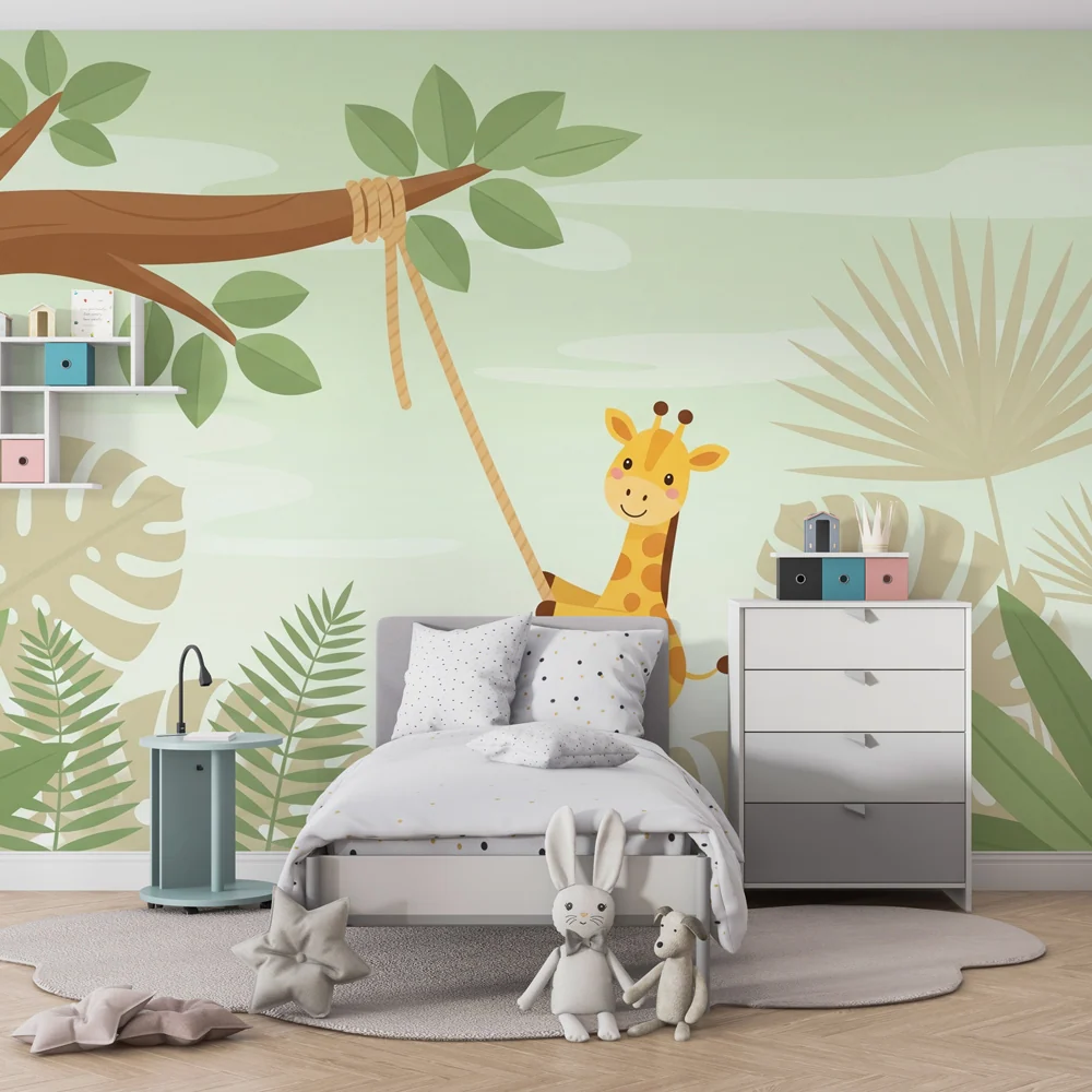 Papel de parede crianç | Girafa travessa na selva