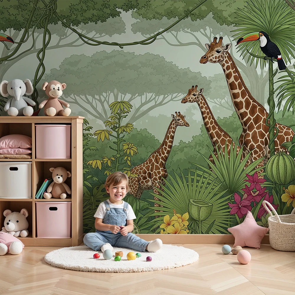 Papel de parede crianç | Girafas majestosas e selva luxuriante