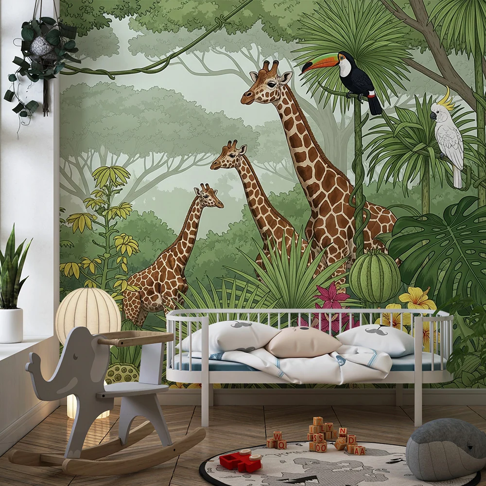 Papel de parede crianç | Girafas majestosas e selva luxuriante