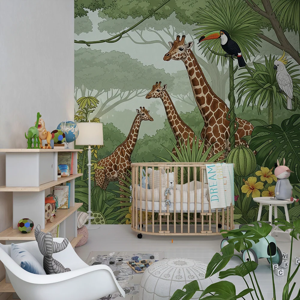 Papel de parede crianç | Girafas majestosas e selva luxuriante