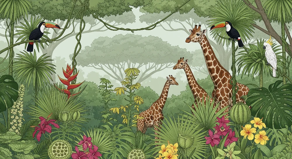 Papel de parede crianç | Girafas majestosas e selva luxuriante