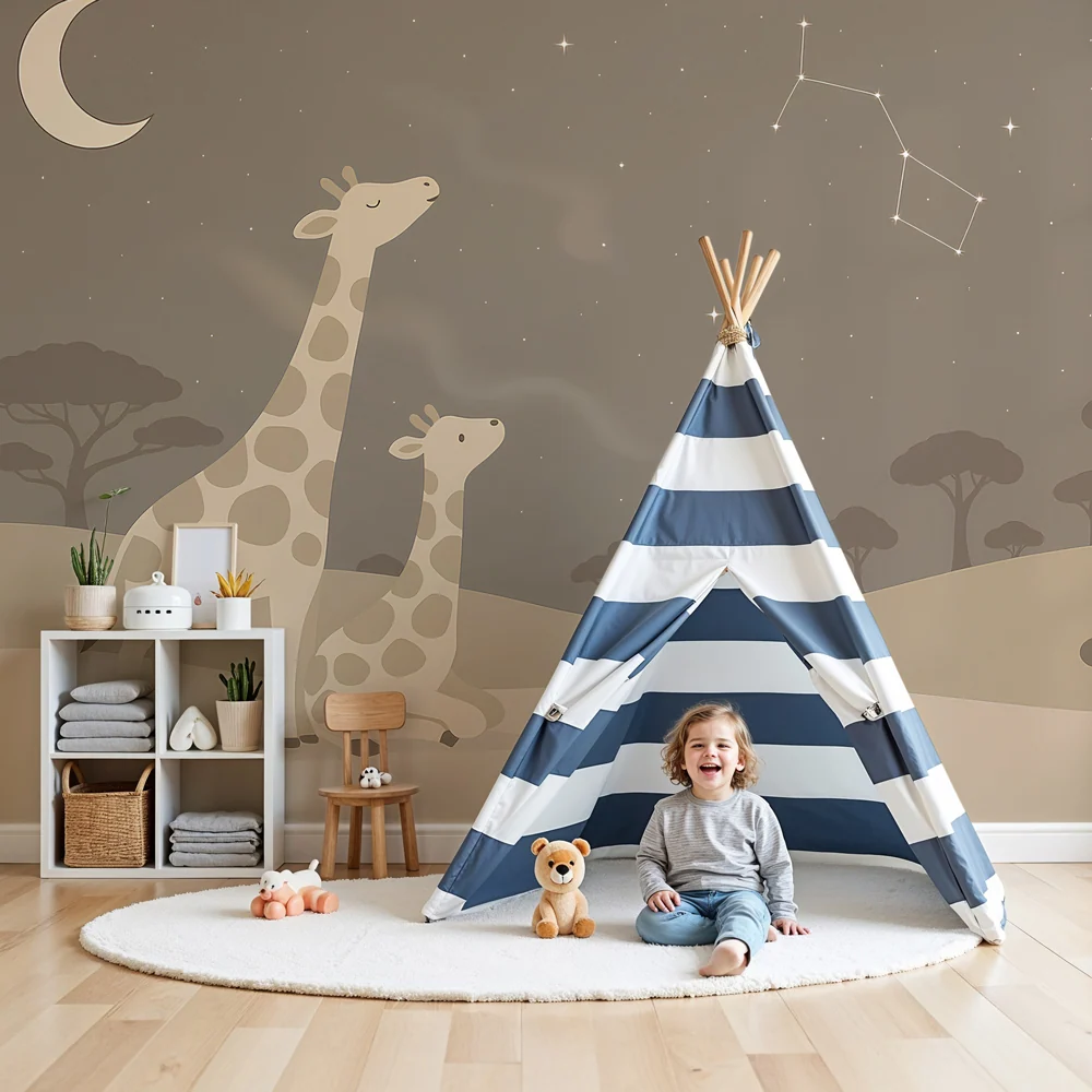 Papel de parede crianç | Girafas sob um céu estrelado