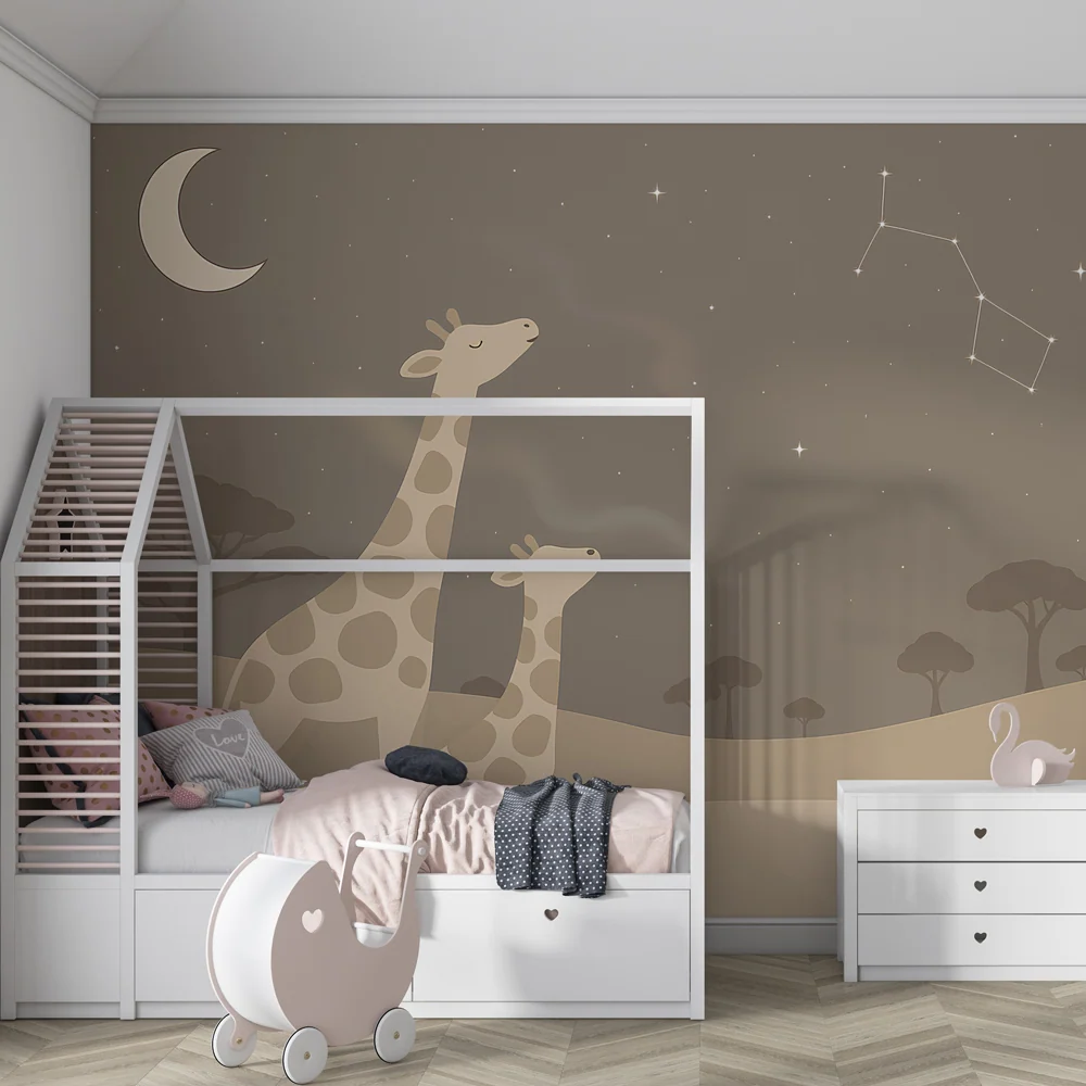 Papel de parede crianç | Girafas sob um céu estrelado