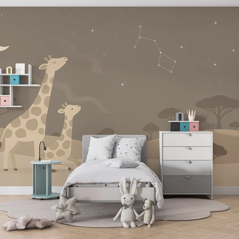 Papel de parede crianç | Girafas sob um céu estrelado