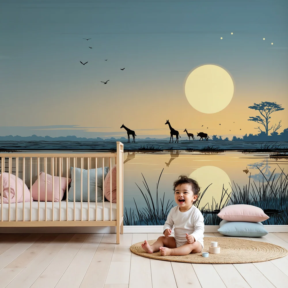 Papel de parede crianç | Girafas ao pôr do sol na savana