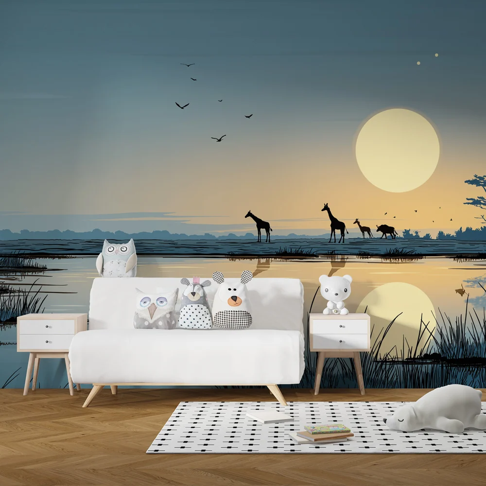 Papel de parede crianç | Girafas ao pôr do sol na savana