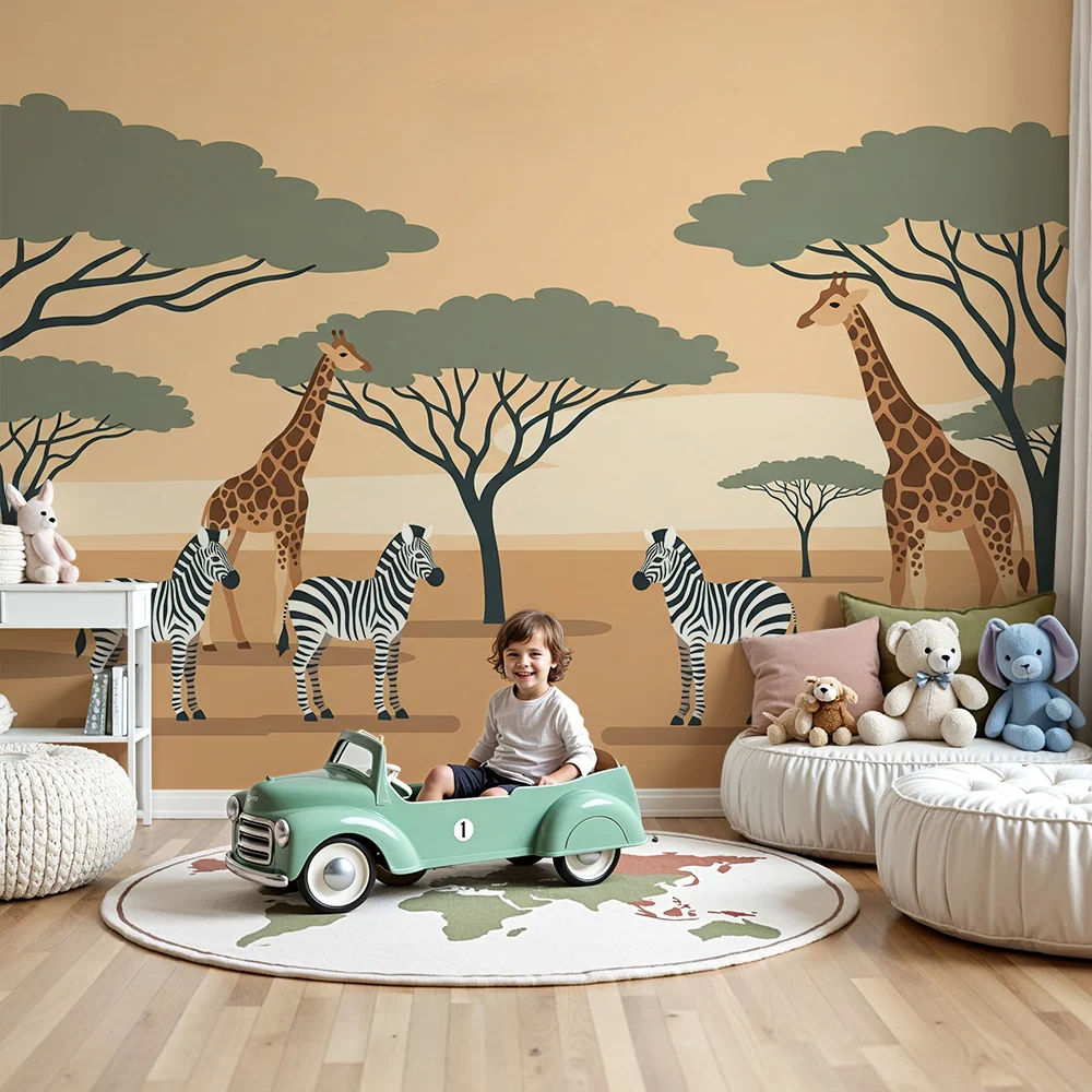 Papel de parede crianç | Girafas e zebras na savana ensolarada