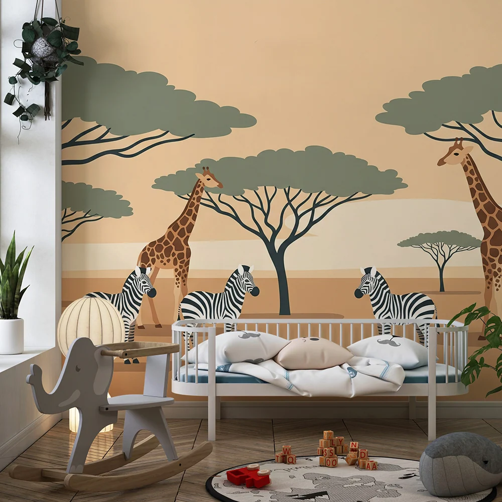 Papel de parede crianç | Girafas e zebras na savana ensolarada