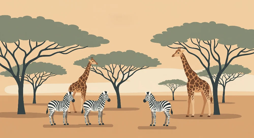 Papel de parede crianç | Girafas e zebras na savana ensolarada