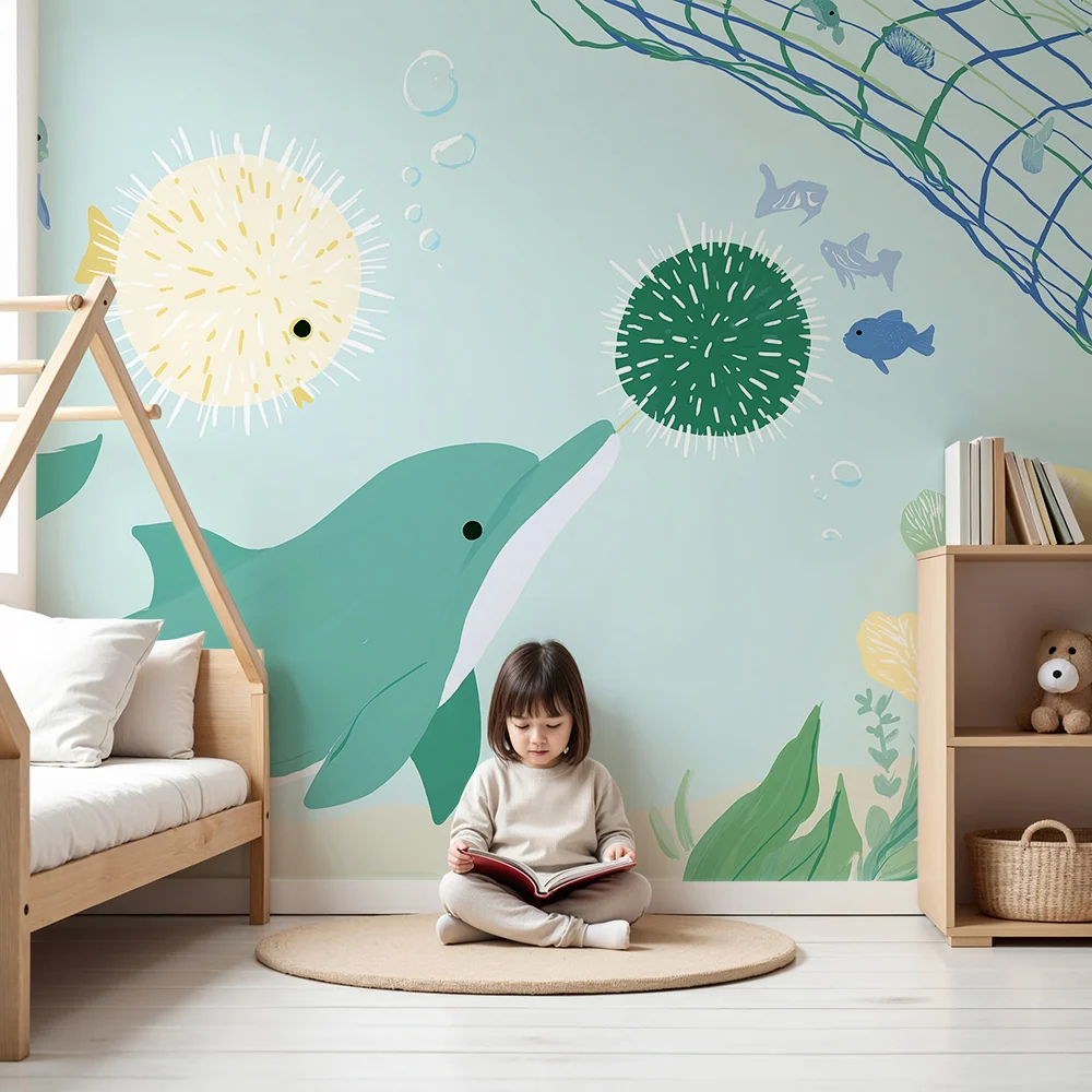 Papel de parede crianç | Golfinho e amigos marinhos num mundo subaquático colorido