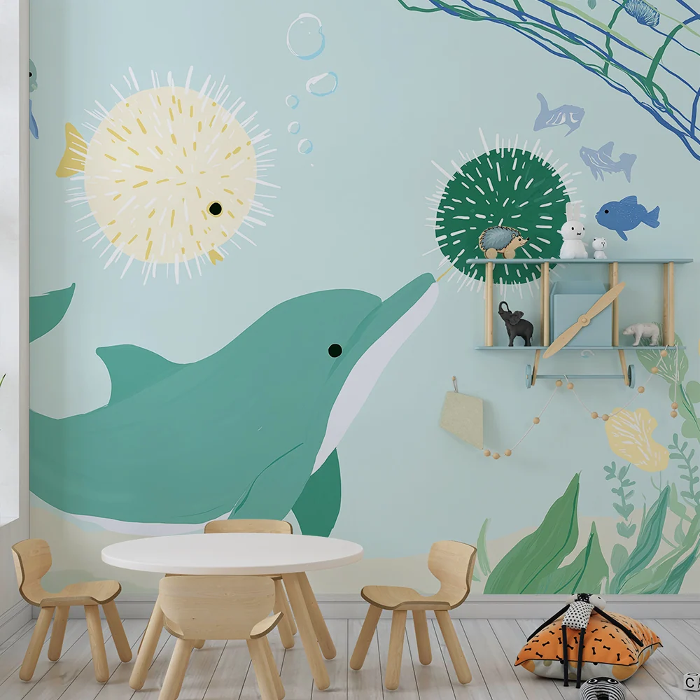 Papel de parede crianç | Golfinho e amigos marinhos num mundo subaquático colorido